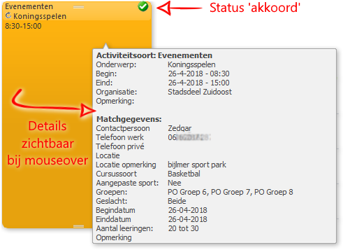 Activiteit in de CombinatiePlanner agenda met detail informatie en status